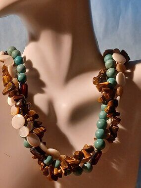 3-Strand MOP - Mother of Pearl, Shell Beads, Turquoise and Tigers Eye Necklace